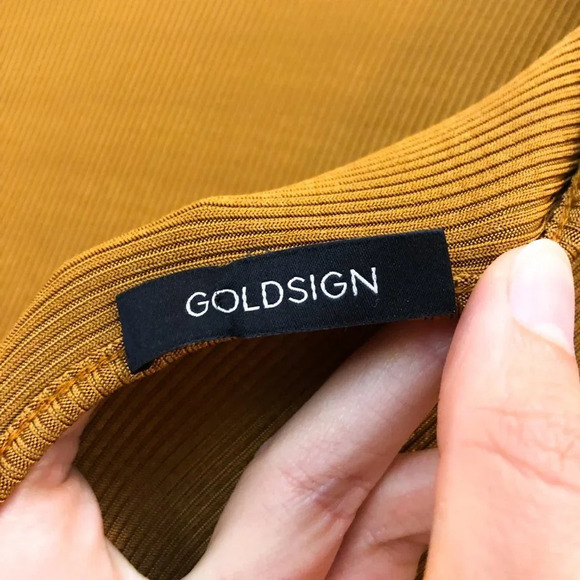 GOLDSIGN Long Sleeve Cheeky Designer Ribbed V Back Bodysuit in Ochre XL NWT - Picture 9 of 12